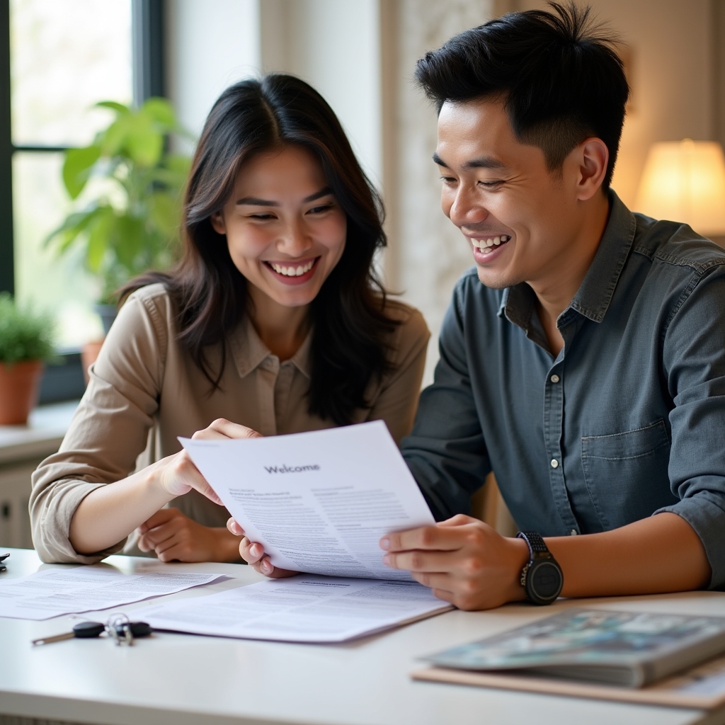 Young couple reviewing property purchase documentation in a bright, welcoming real estate office with natural light