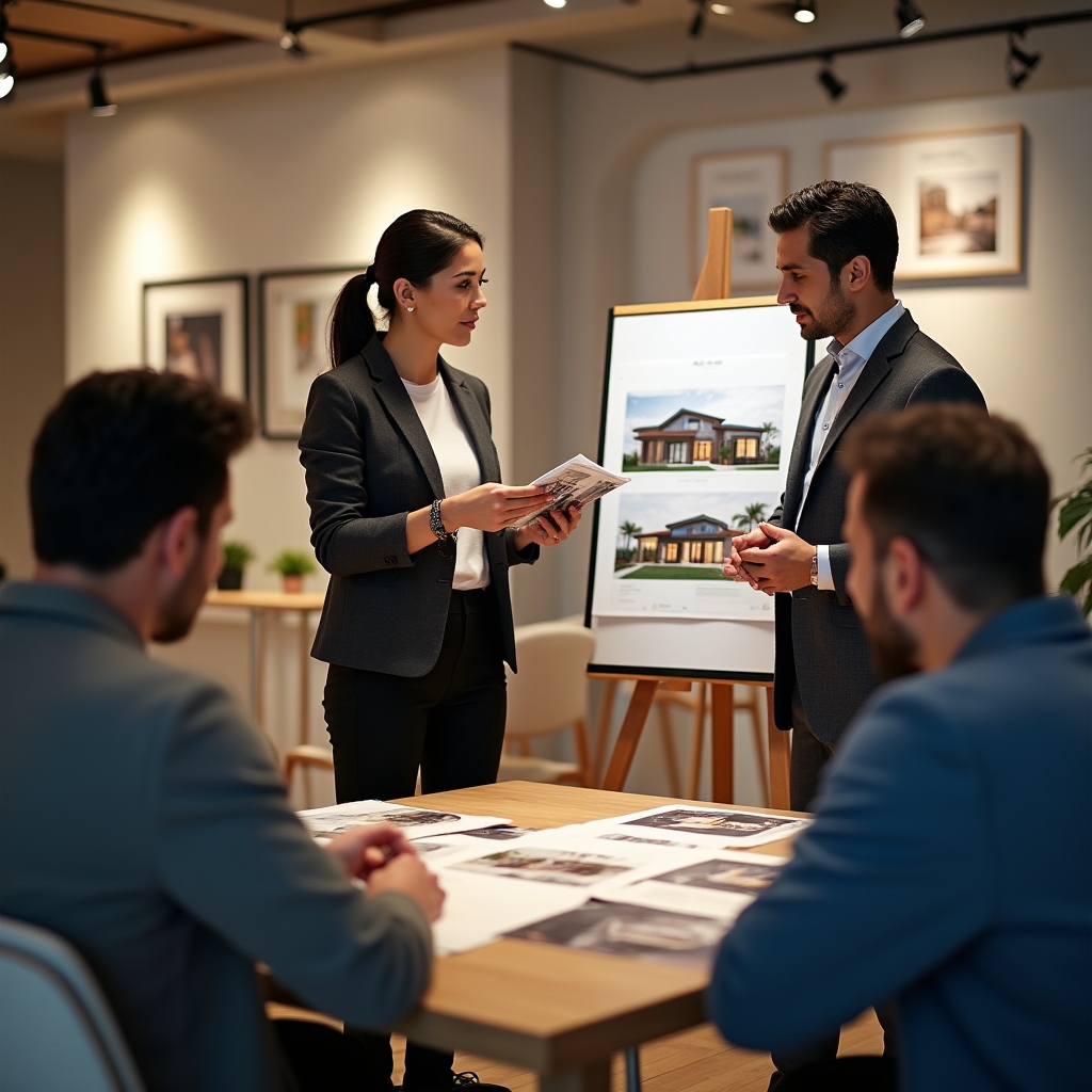Real estate sales team presenting project materials to prospective buyers in a modern showroom setting