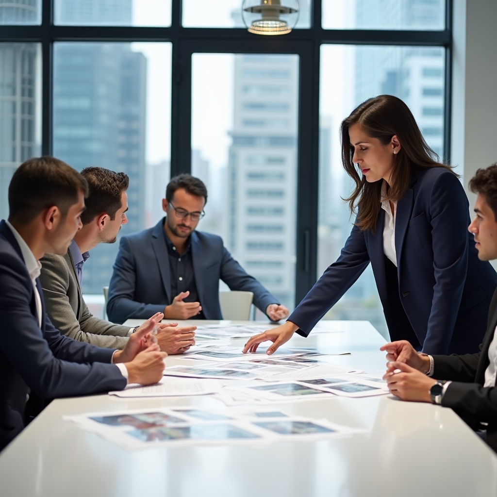 Professional communication consultant working with a real estate developer team around a table, reviewing written materials and project documents
