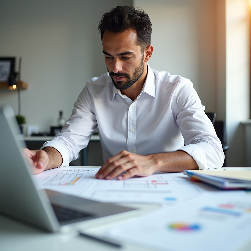 Close-up of a professional preparing structured project communication documents on a desk with organized folders and a laptop in a clean modern office