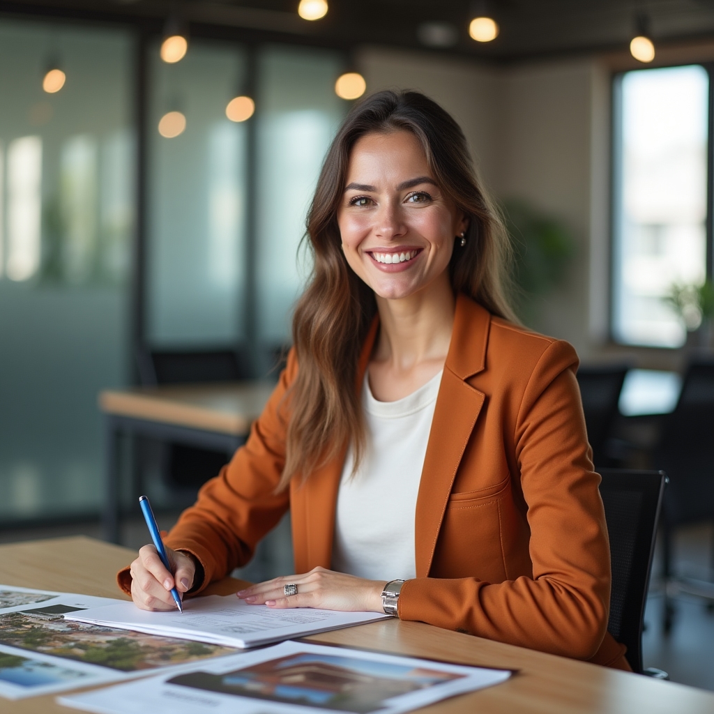 Commercial content writer, a woman in her early thirties, smiling in a professional setting with real estate project materials on the table, warm natural office lighting
