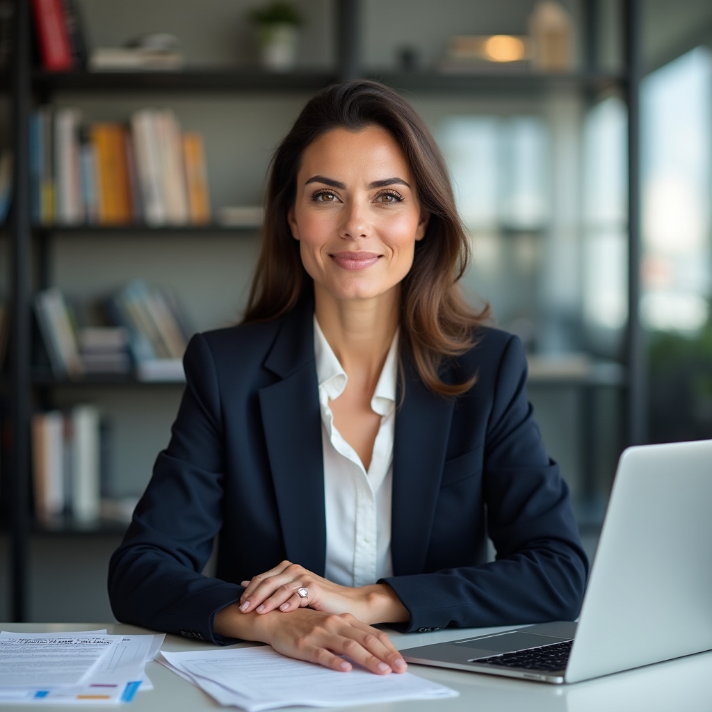 Zyntralis communication director, a woman in her late thirties with a professional confident expression, reviewing project documents in a modern office setting
