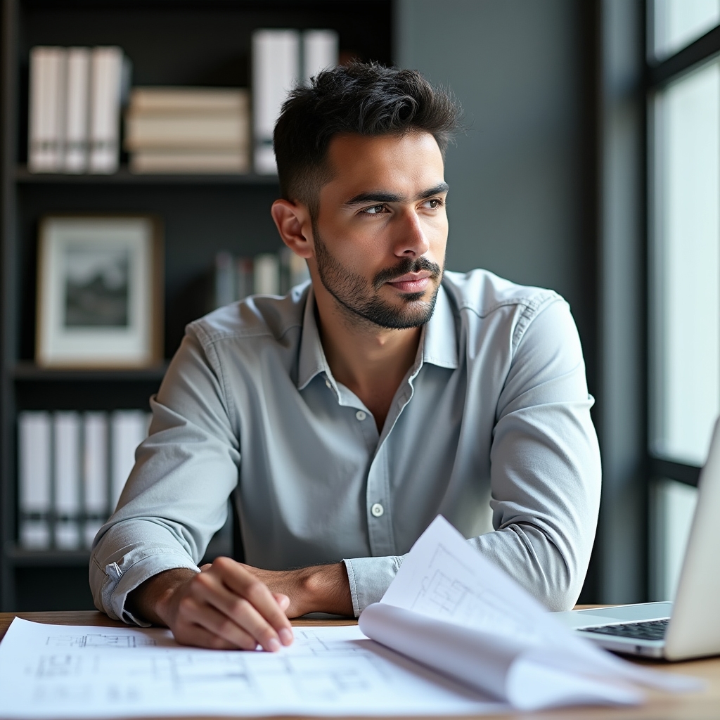 Technical writer and content specialist, a man in his early thirties, sitting at a desk with architectural plans and a laptop, focused expression in a bright workspace