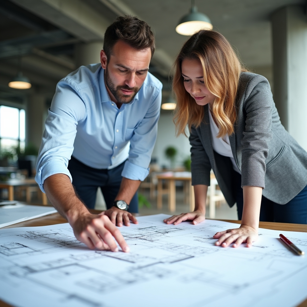 Engineer and architect reviewing technical project documents at a large table with blueprints and reports