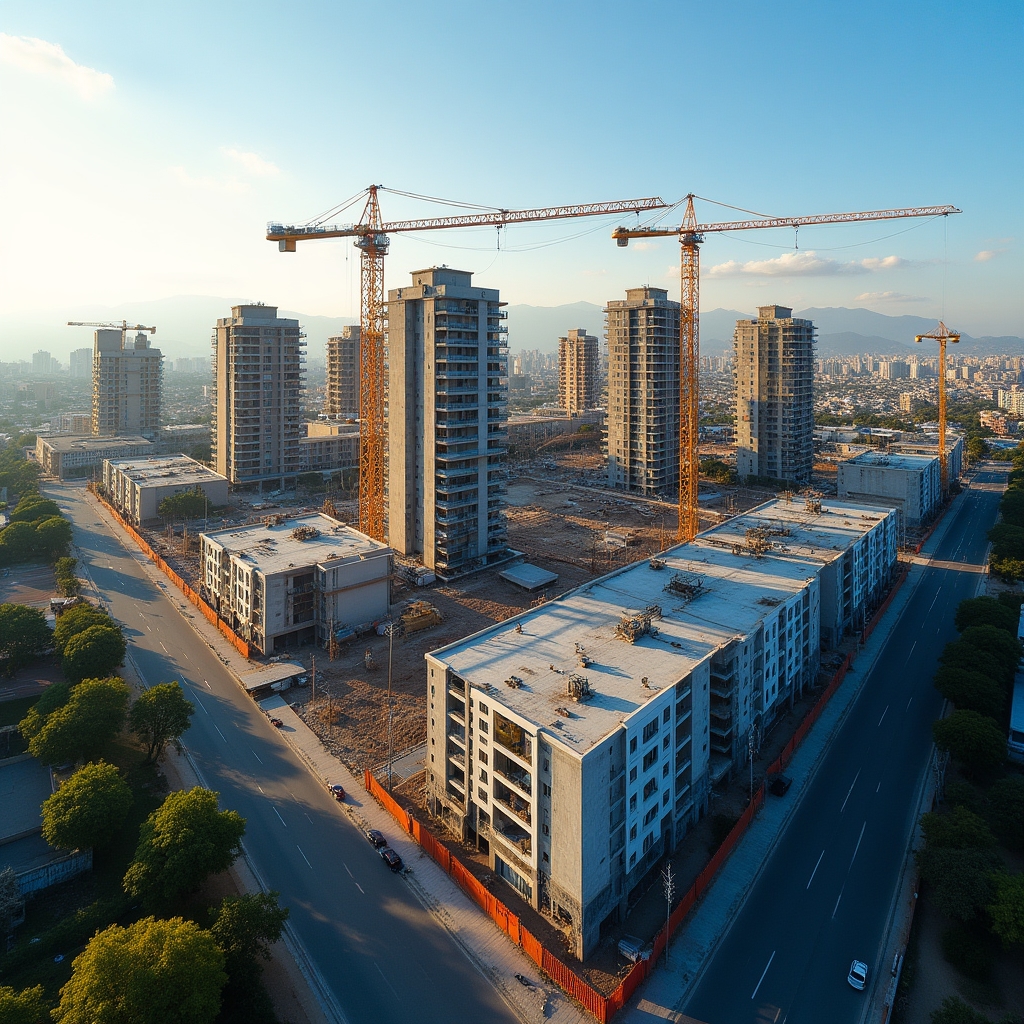 Aerial view of an urban residential development project under construction in Santiago, Chile, with cranes and structured building phases visible